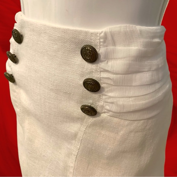 INSIGHT WHITE LINEN PENCIL SKIRT BRONZE BUTTON & CHIFFON ACCENTS WOMEN’S SIZE 8. - Picture 6 of 10